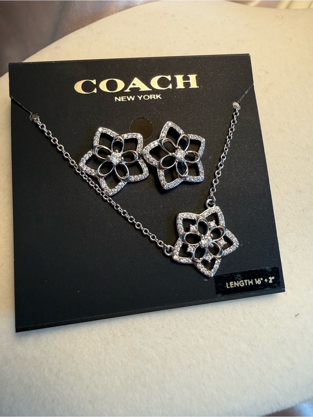 COACH Silver-Tone Floral Crystal Necklace and Stud Earrings Set